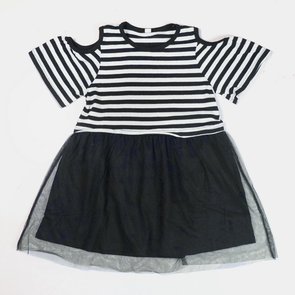 Off Shoulder Striped Girls Black & White Lining Frock