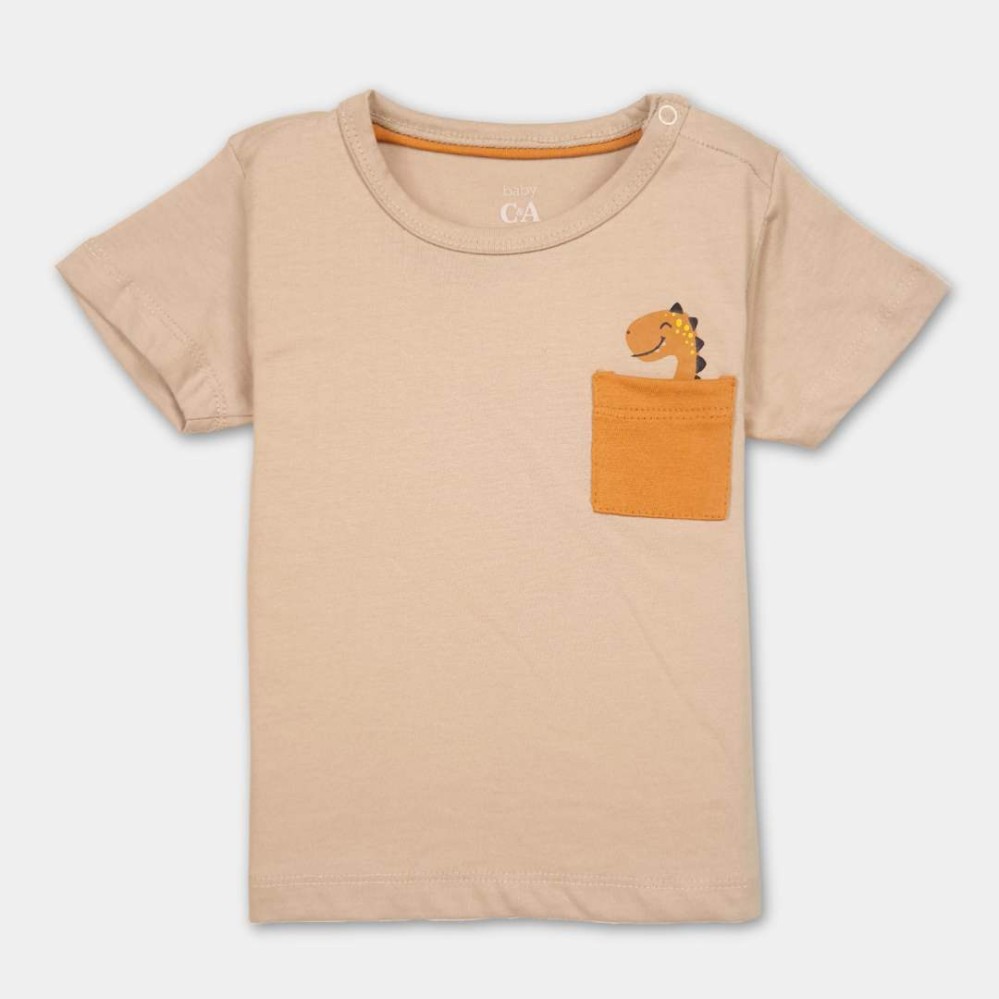 Pocket-Dino-Infants-Light-Brown-T-Shirts Pocket-Dino-Infants-Light-Brown-T-Shirts